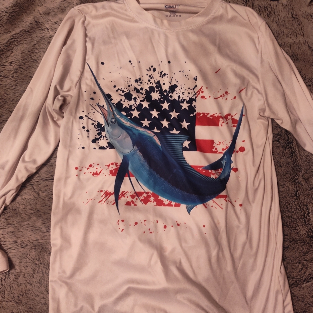 Paradox White Long Sleeve Tee with Blue Marlin and American Flag